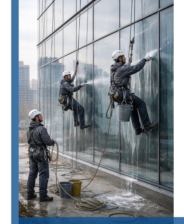 Промышленная мойка панорамных окон на высоте в Таганроге