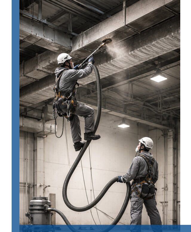 Обеспыливание потолочных конструкций в Таганроге промышленным альпинизмом