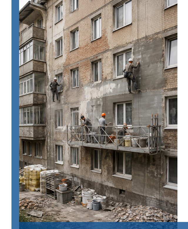 Капитальный ремонт фасада в Таганроге с восстановлением и гидроизоляцией