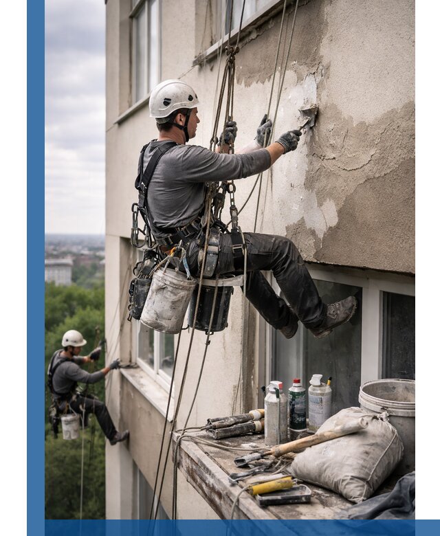 Косметический ремонт фасада зданий в Таганроге промышленными альпинистами