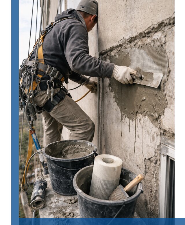 Ремонт бетонных элементов фасада промышленными альпинистами в Таганроге