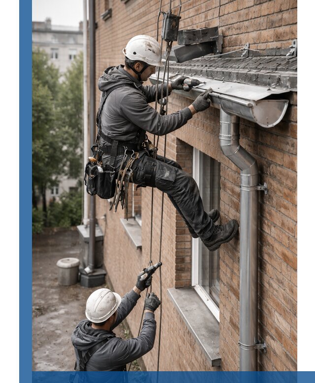 Монтаж водосточной системы на здании в Таганроге под ключ