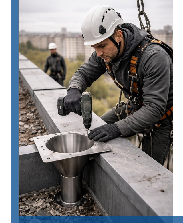 Монтаж водосточных воронок в Таганроге для промышленных зданий