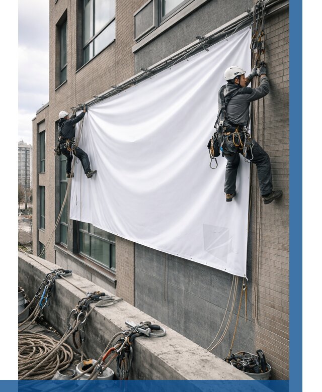 Монтаж баннеров на фасаде в Таганроге от 662 р. заказать ВЫСОТНИК-Тгн