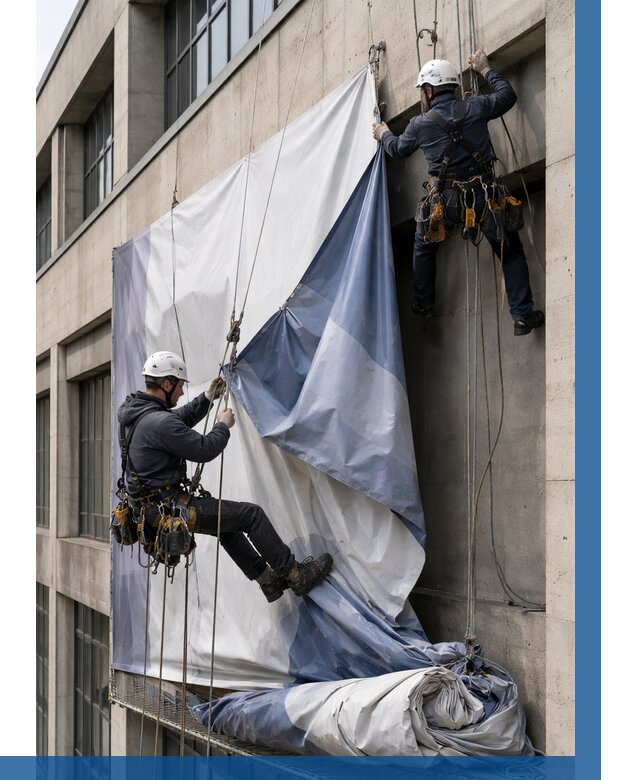 Демонтаж баннеров с фасада в Таганроге от 4581 р. | ВЫСОТНИК-Тгн