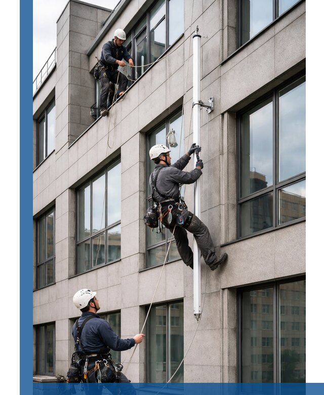 Монтаж флагштока на фасаде здания с креплением и герметикой в Таганроге