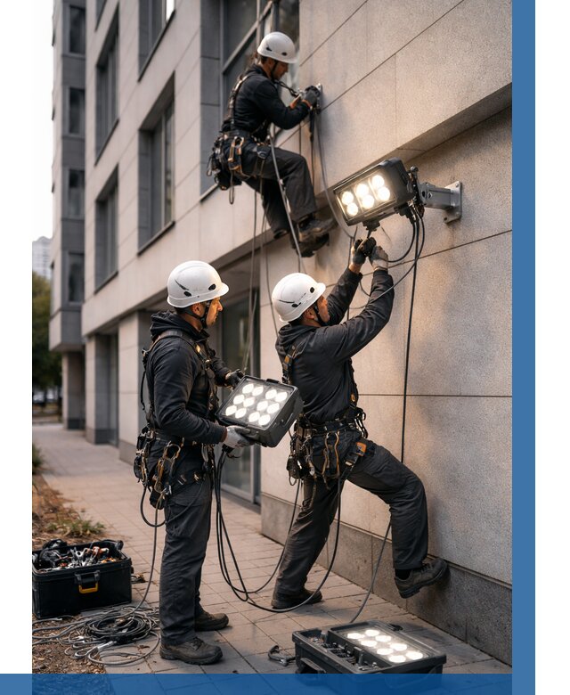 Монтаж прожекторов на фасаде в Таганроге от 7636 р. | ВЫСОТНИК-Тгн