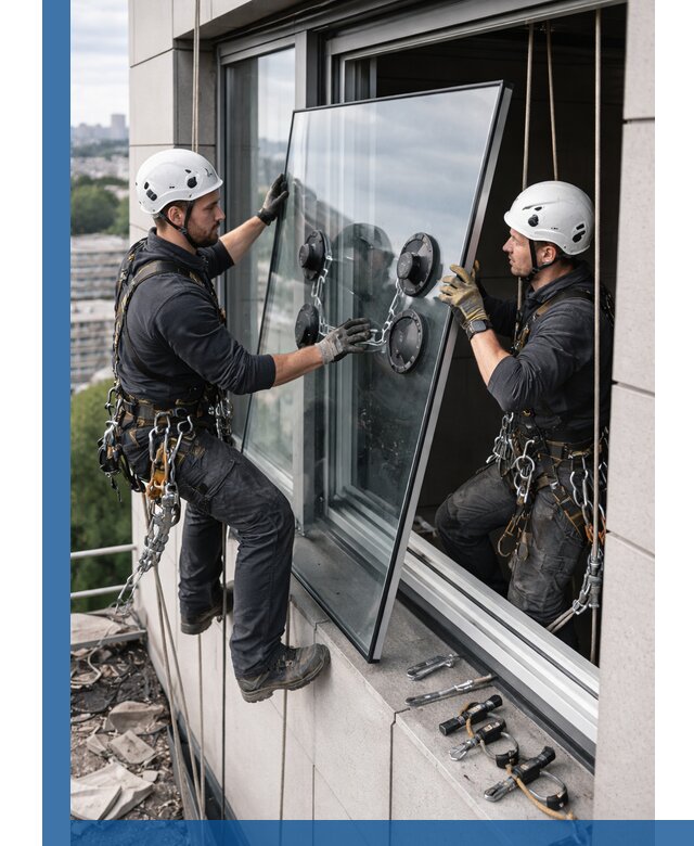 Замена стеклопакетов на высоте с промышленными альпинистами в Таганроге