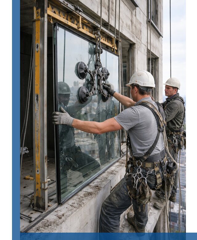 Монтаж стеклопакетов на высоте в Таганроге с промышленным альпинизмом