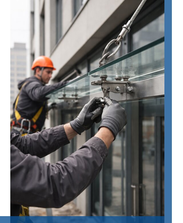 Монтаж стеклянных козырьков в Таганроге от 8654 р. | ВЫСОТНИК-Тгн