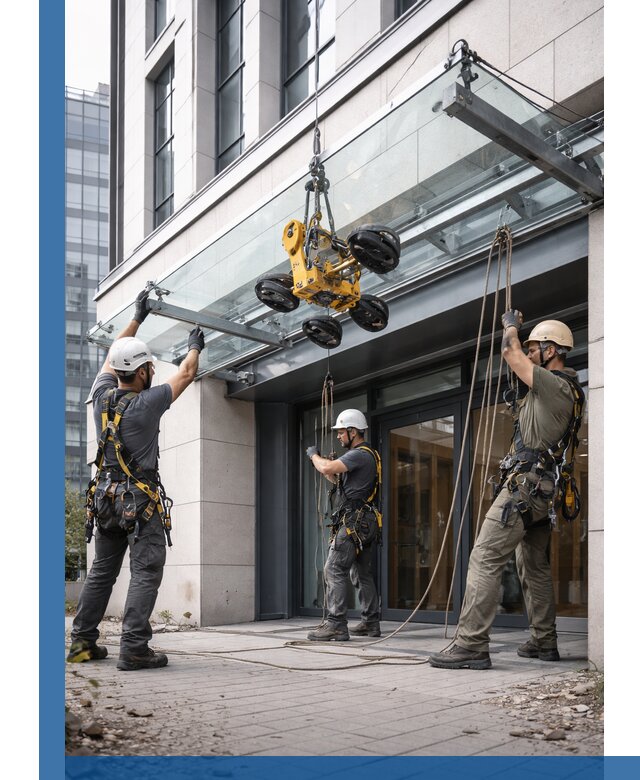 Монтаж стеклянных козырьков под ключ в Таганроге для зданий