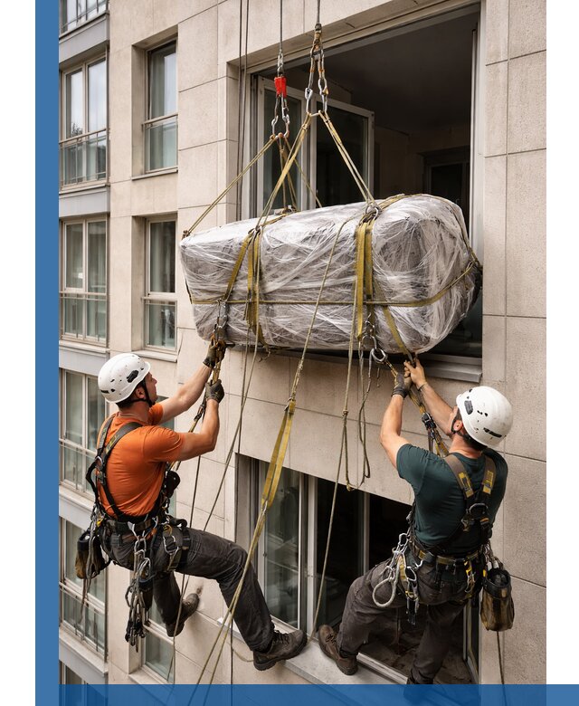 Подъем грузов через окно в Таганроге промышленными альпинистами