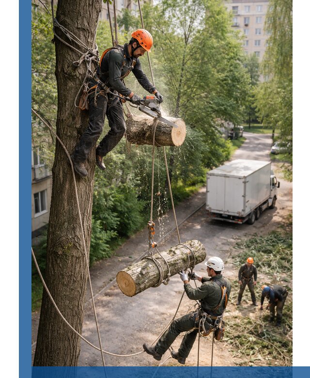 Спил деревьев альпинистами в Таганроге, безопасно и без повреждений