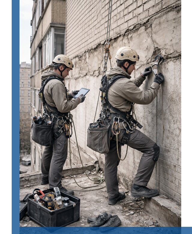 Обследование фасада промышленными альпинистами в Таганроге